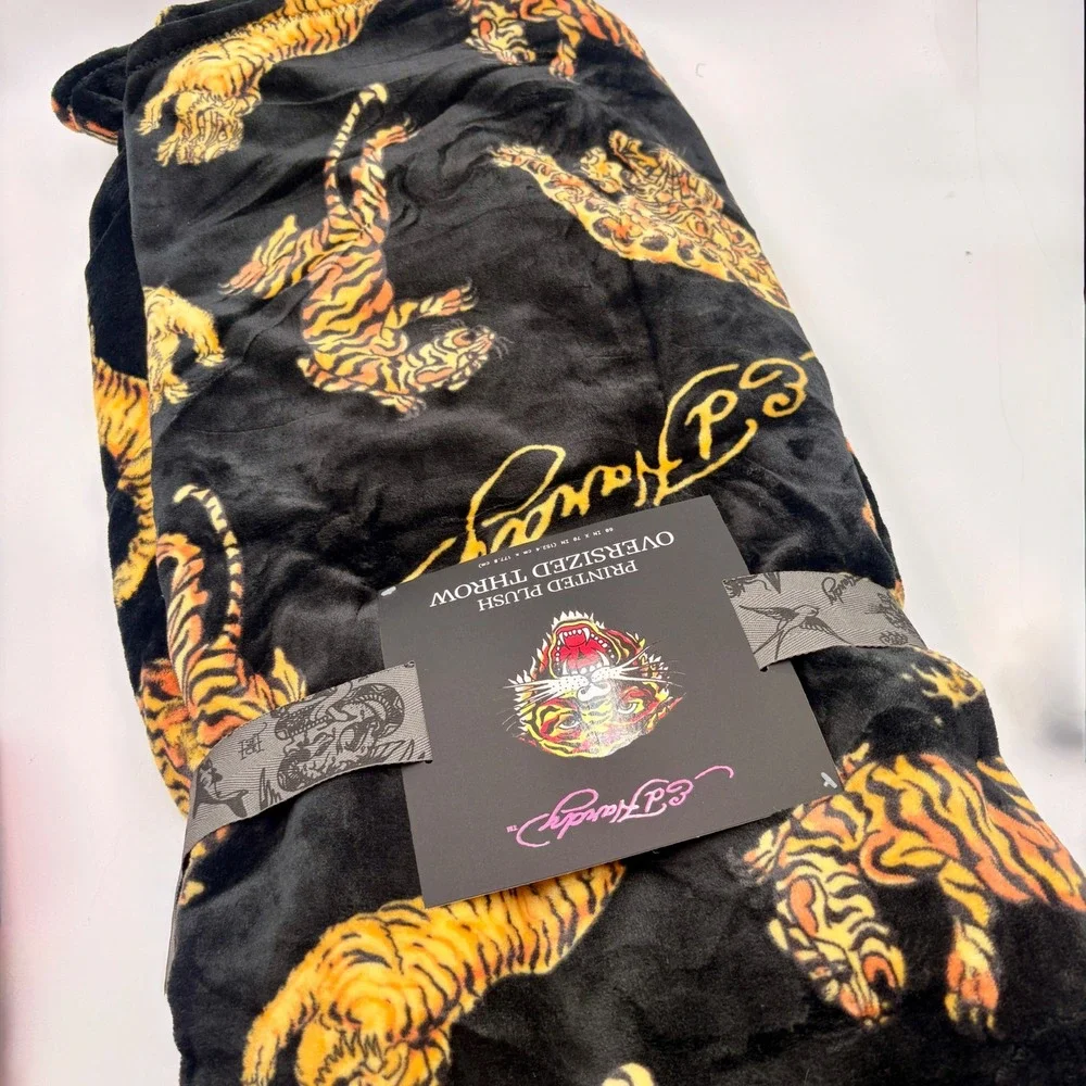 Ed Hardy Tiger‎ Print Plush Oversized Throw Blanket Black Orange 60x70 New